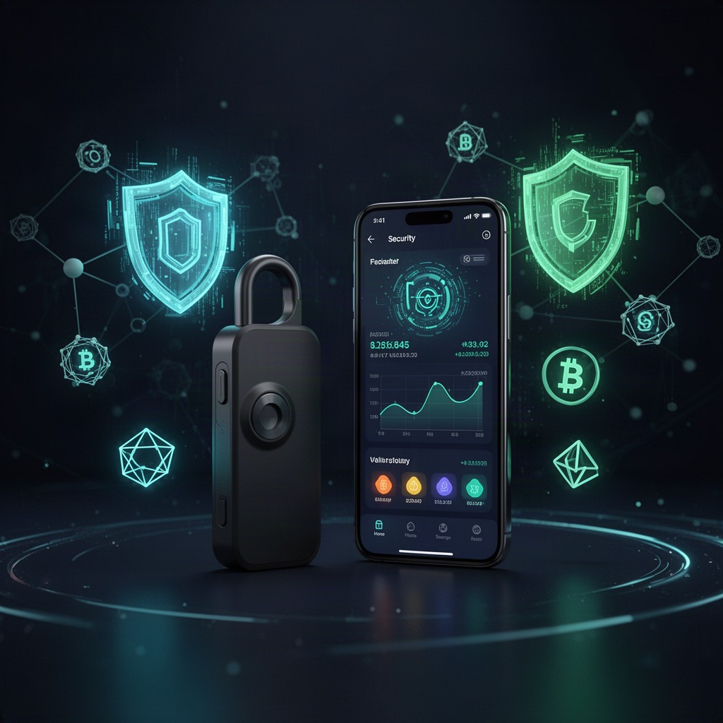 SafePal hardware wallet device shown beside a smartphone running the SafePal app